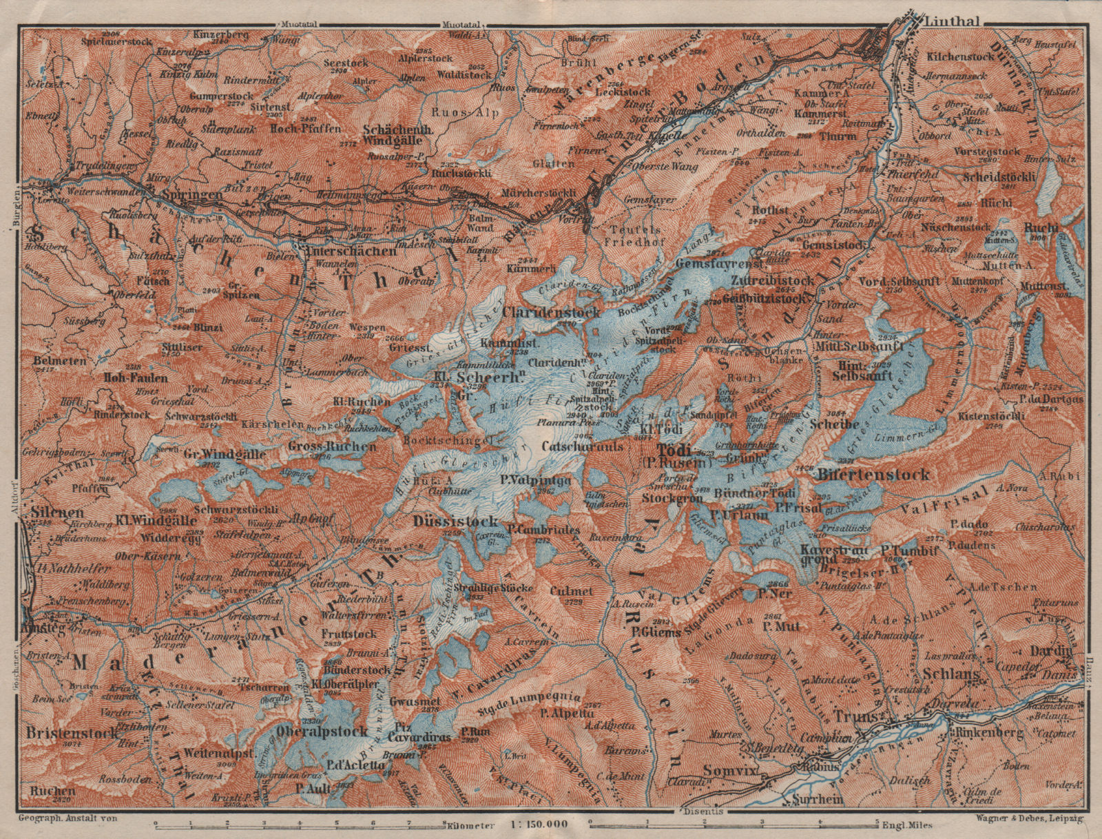 TÖDI DISTRICT. Glarus Alps Linththal Bifertenstock Claridenstock 1911 old map